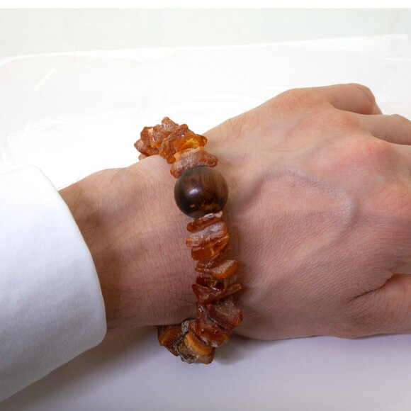 Natural Baltic Amber Bracelet, Real Amber Beads With Agarwood Bead, Unisex Style - Picture 9 of 9